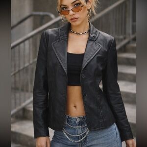 Nine West Vintage Black Leather Jacket With Collar 2 button Medium